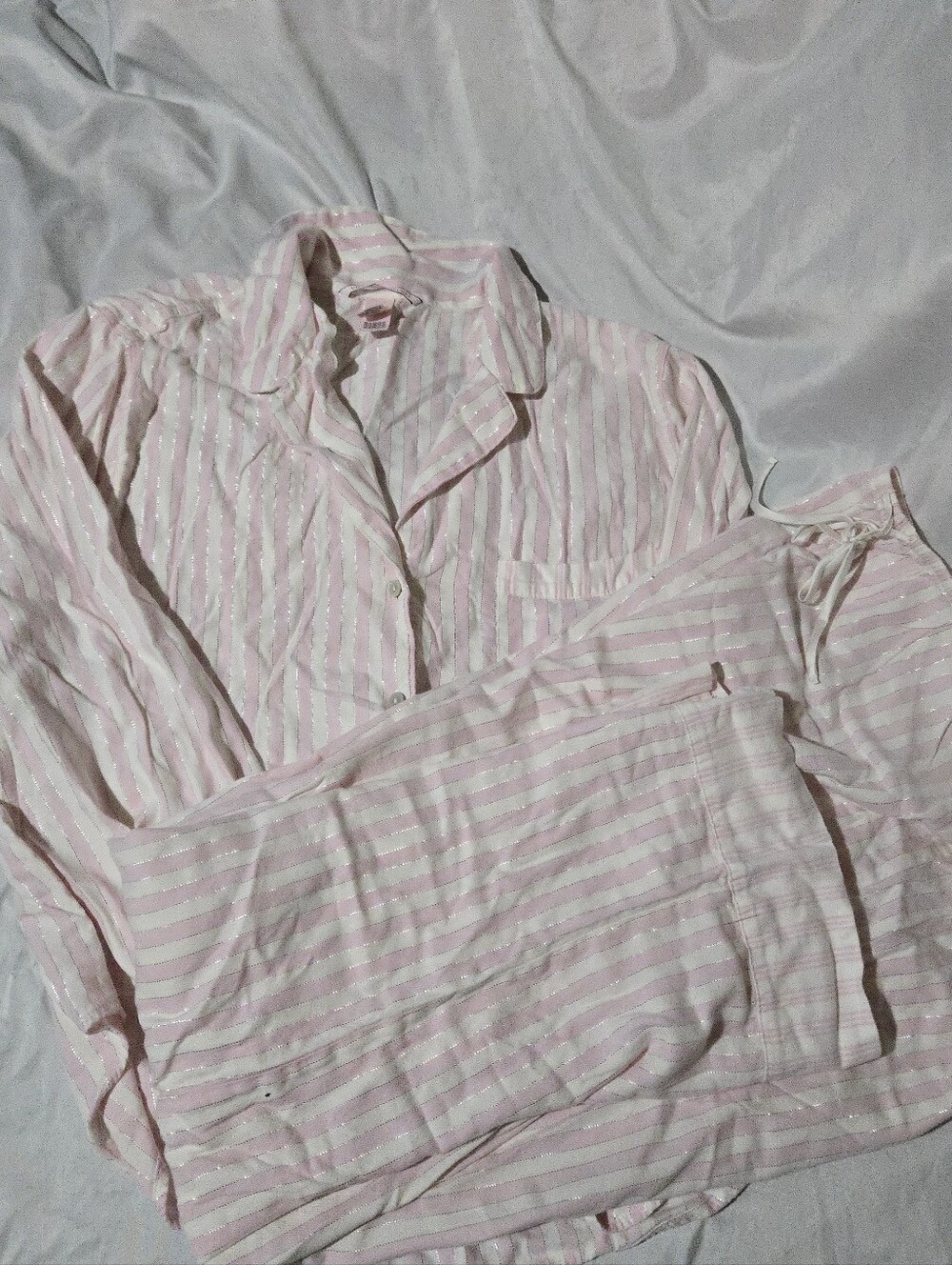 Victoria's Secret Pink and White Striped Pajama Set with Shimmer Long Sleeve L